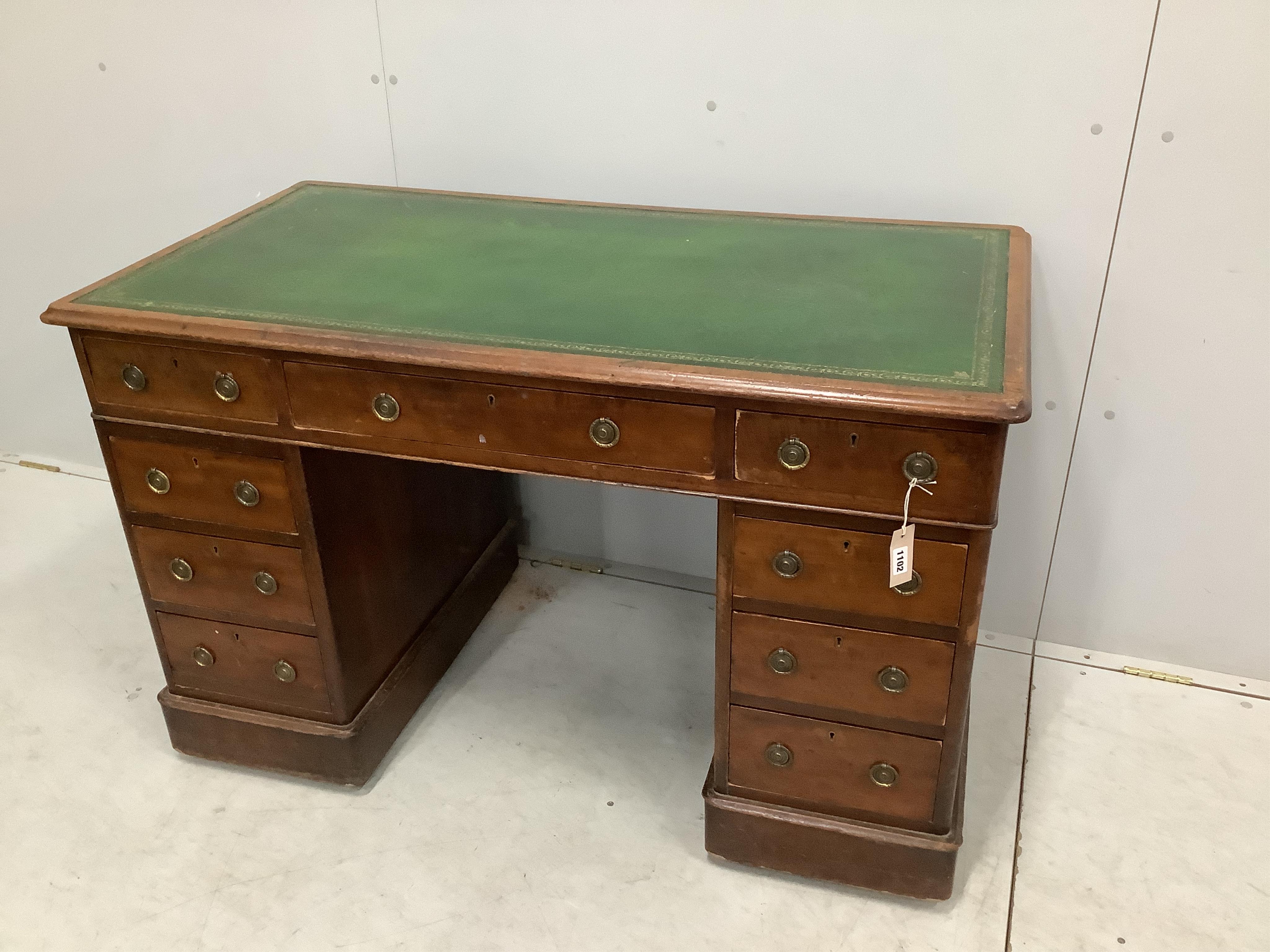 A Victorian mahogany pedestal desk, width 121cm, depth 66cm, height 77cm. Condition - poor, although evidence of worm possibly active